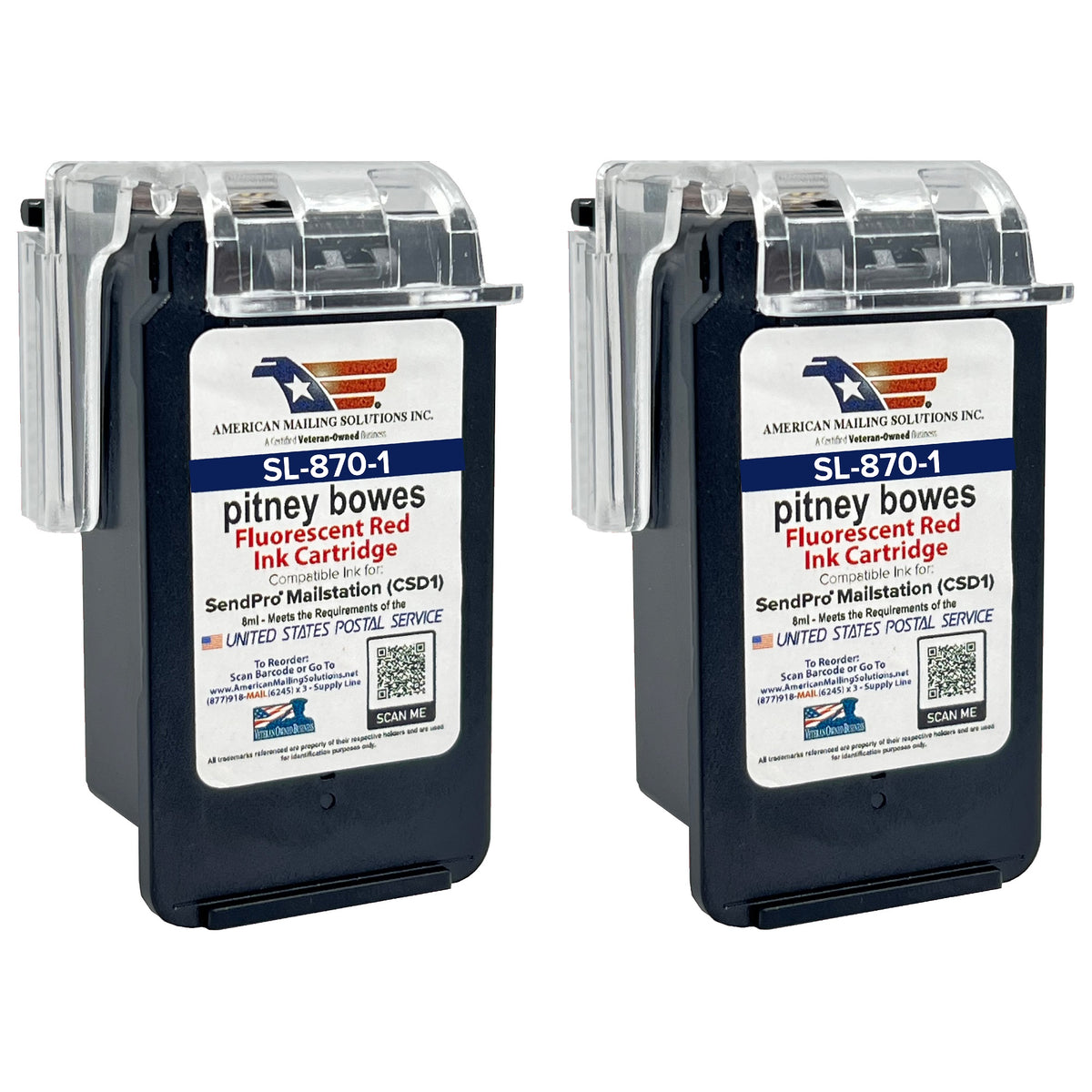 2 Cartouches D'encre Bleue Pitney Bowes SL-870-1 Pour SendPro Mailstation - Neuf